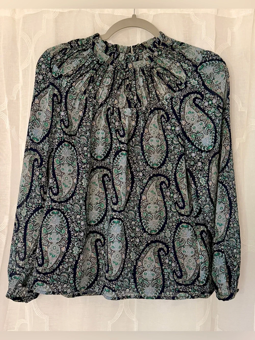 J.Crew Paisley Long Sleeve Ruffle Neck Blouse | XS | NWT